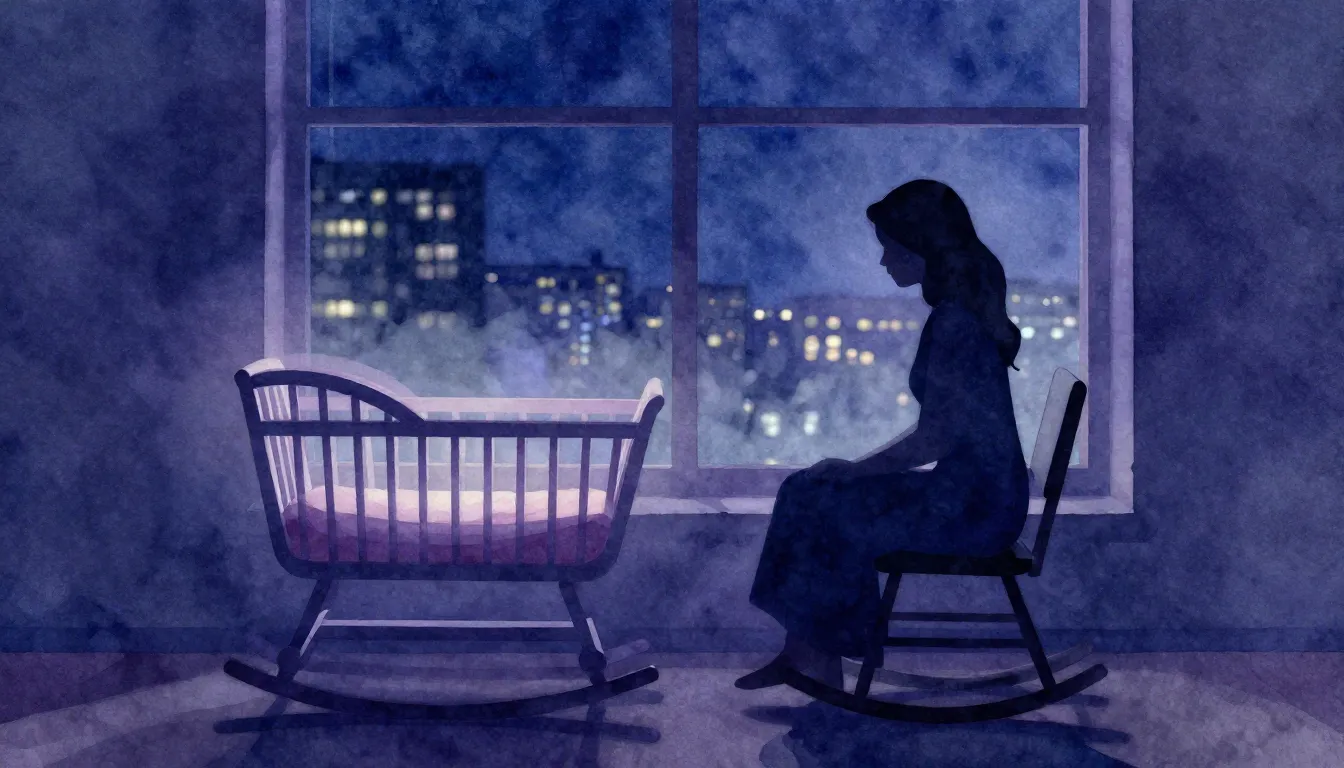 Watercolor style. A lonely silhouette of a woman rocking a c...