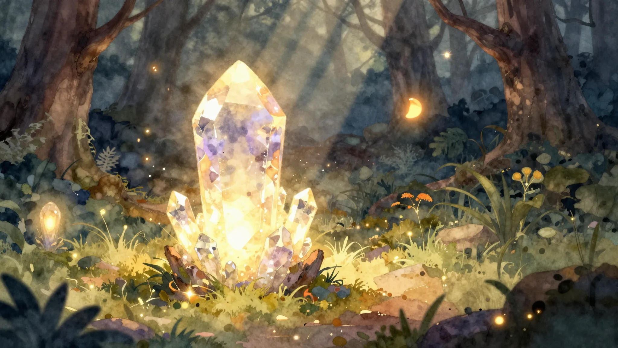 Watercolor style. A beautiful glowing crystal surrounded by ...