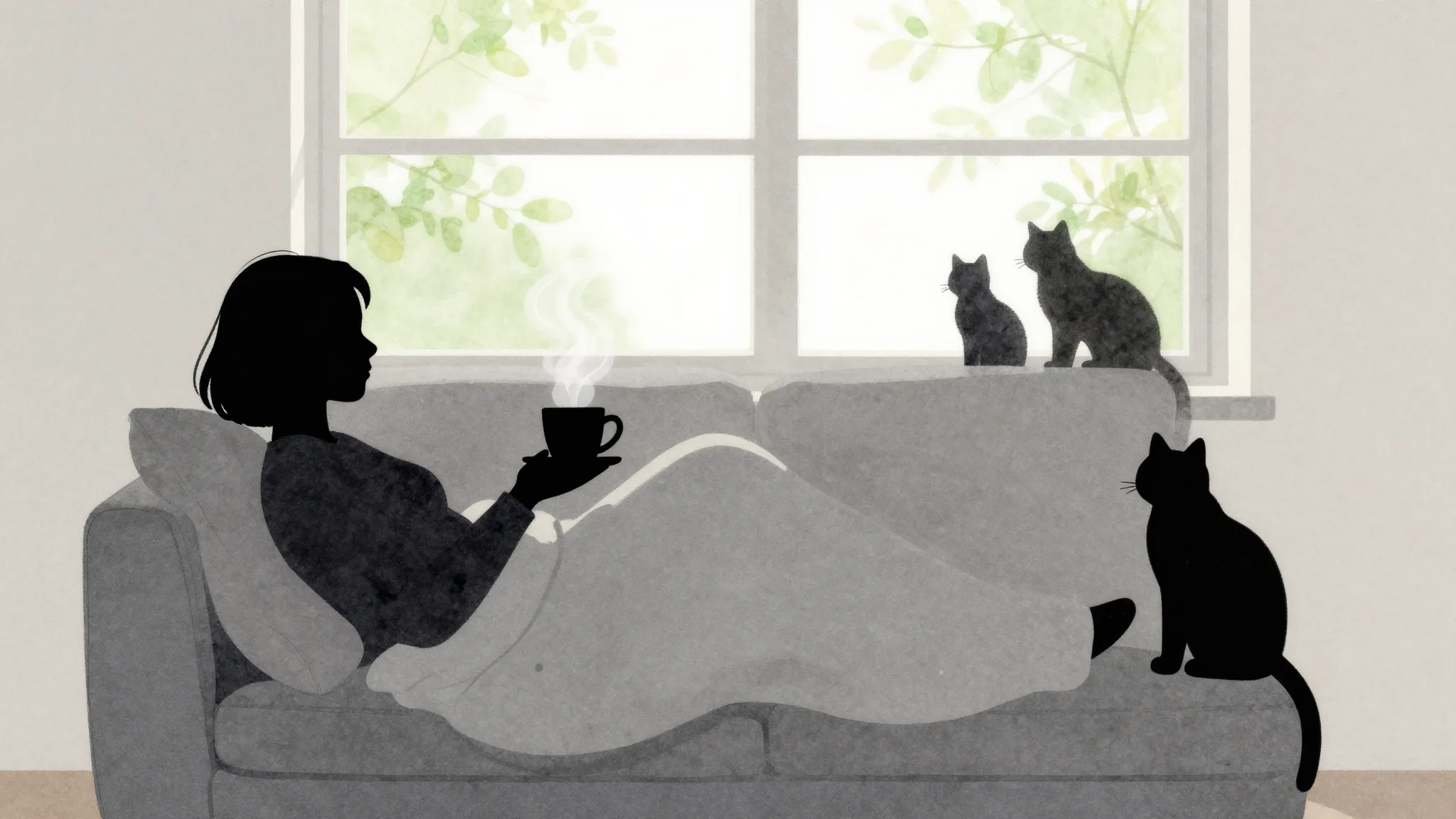Watercolor style. Cozy indoor scene, silhouette of a person ...