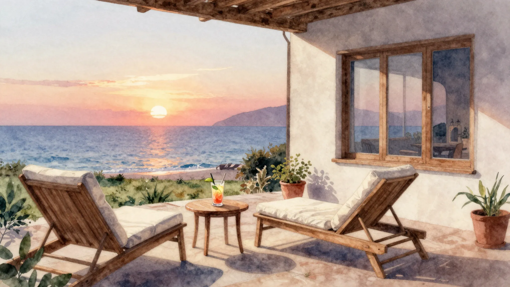 Watercolor style. Cozy terrace of a seaside villa with comfo...