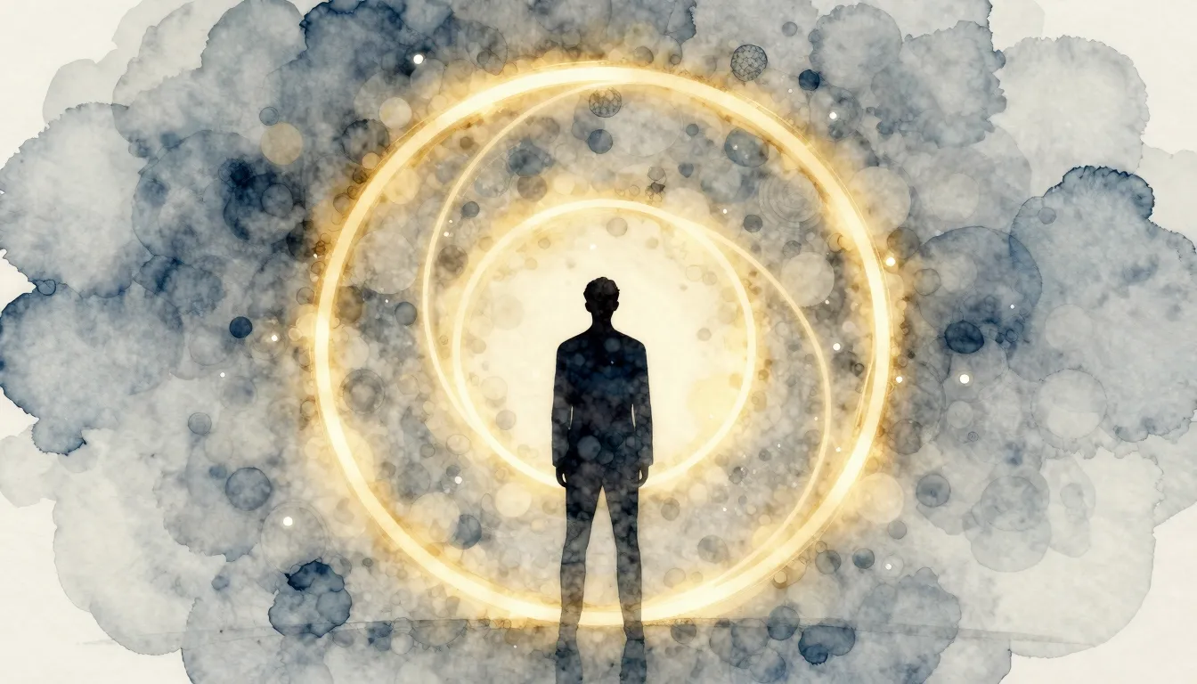 Watercolor style. A dark silhouette of a person standing bef...
