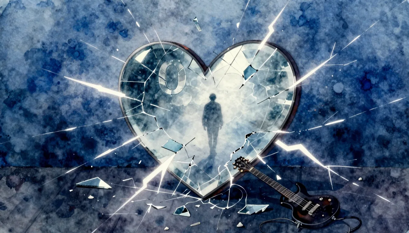 Vibrant watercolor style. A shattered heart-shaped mirror on...