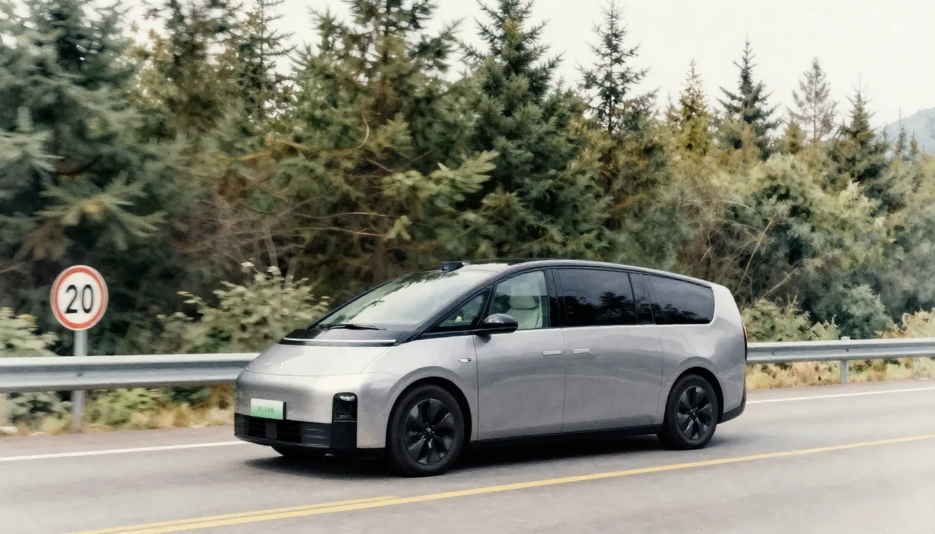 Watercolor style. A modern silver minivan driving on a sceni...