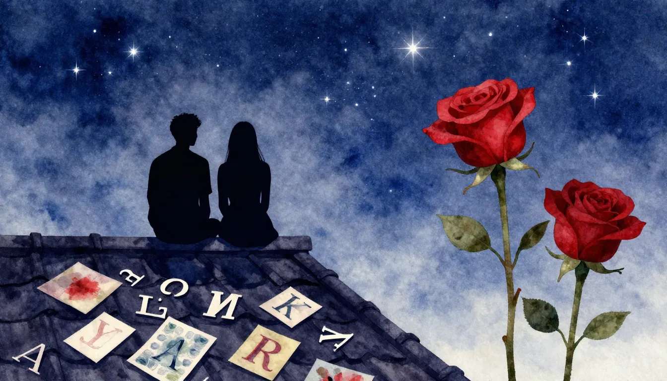 Watercolor style. A silhouette of a couple sitting on a roof...