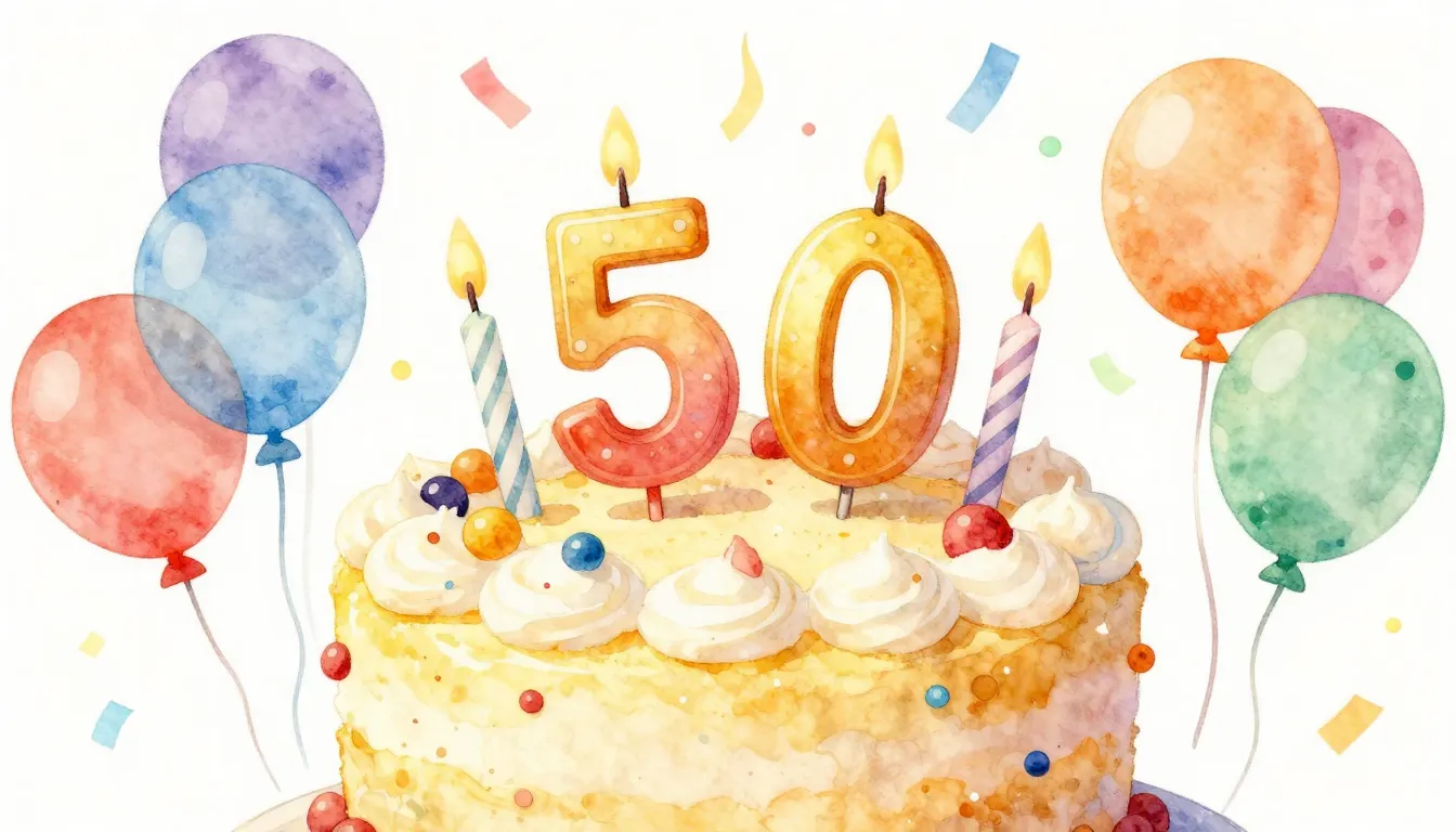 Watercolor style. A bright festive cake with number 50 candl...