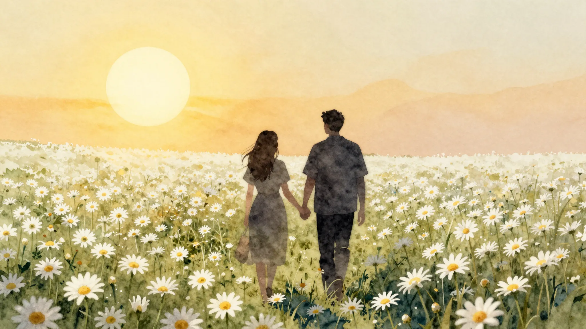 Watercolor style. Two dark silhouettes of lovers walking thr...