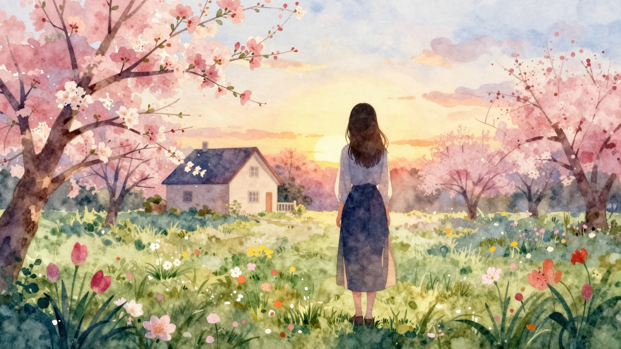 Watercolor style. A silhouette of a woman standing in a bloo...