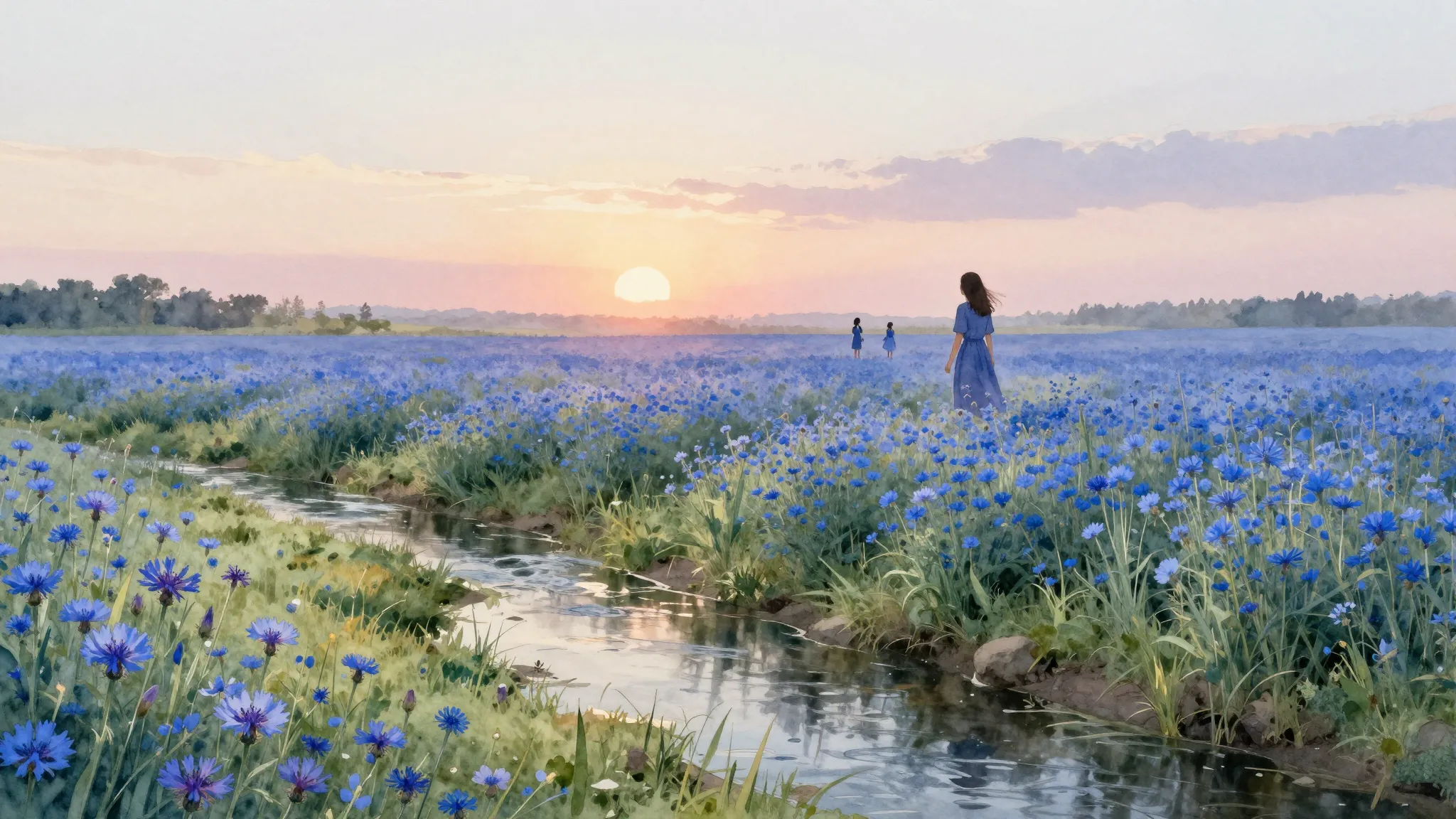 Watercolor style. A serene landscape with a quiet corner of ...