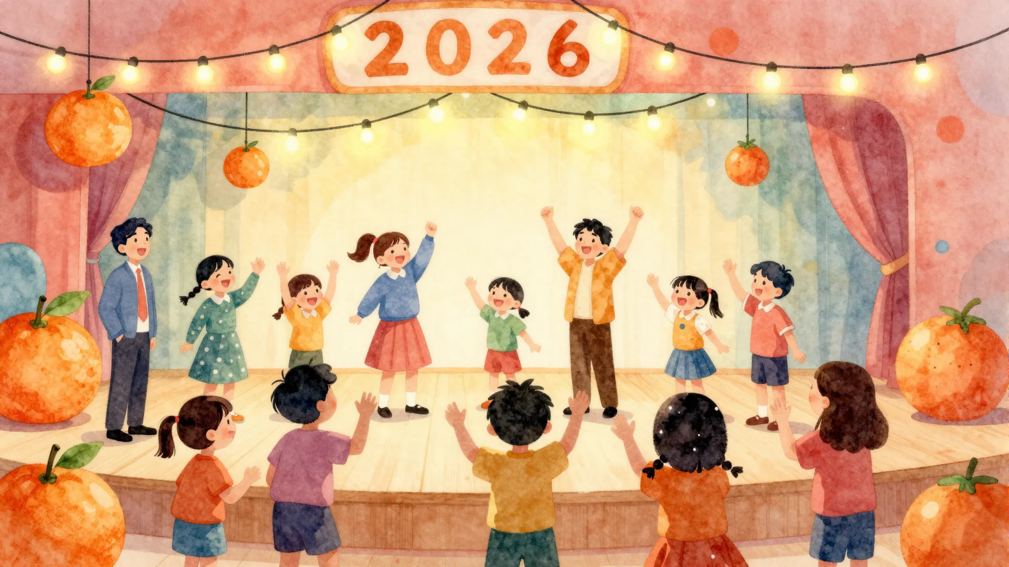 Watercolor style. A cheerful school stage decorated for New ...
