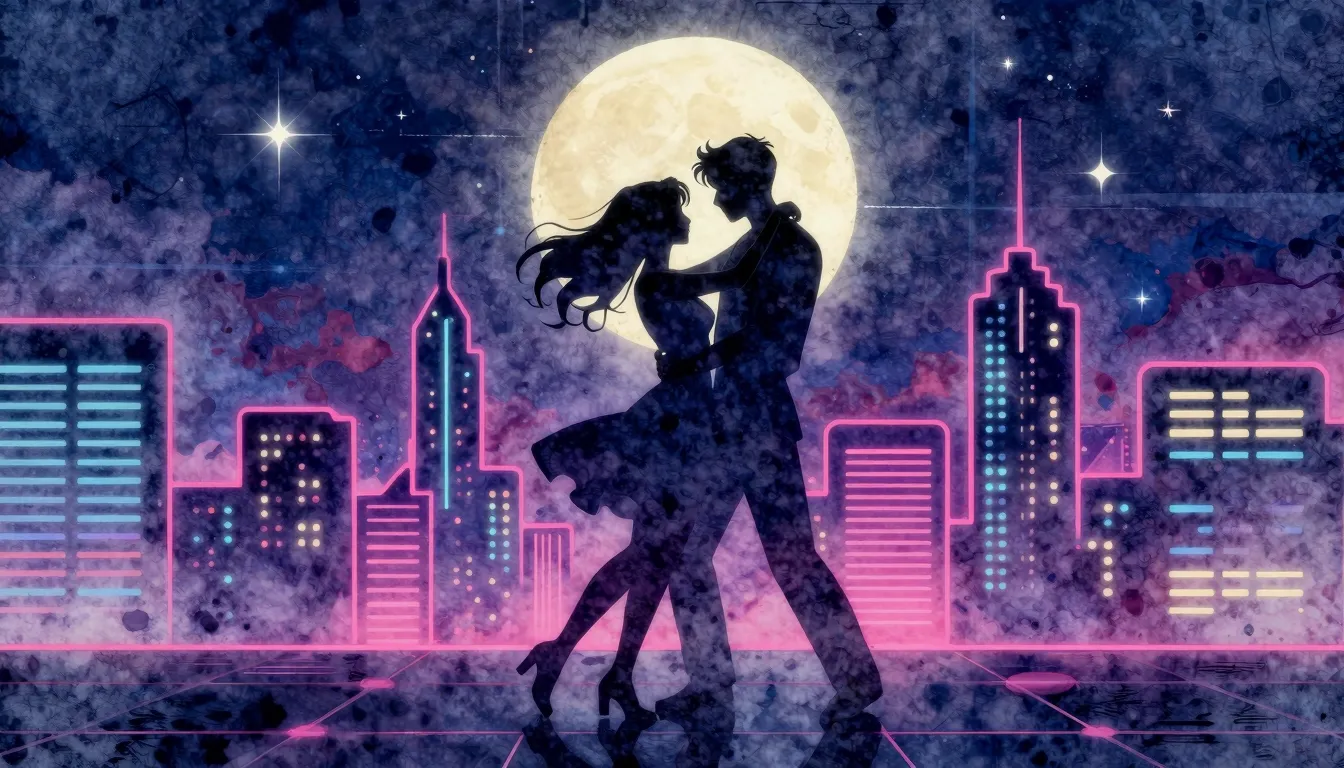 Watercolor style. A glowing neon city skyline at night with ...