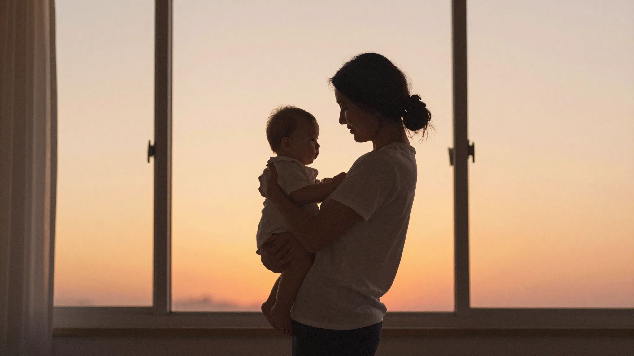 Watercolor style. Silhouette of a mother holding a baby agai...