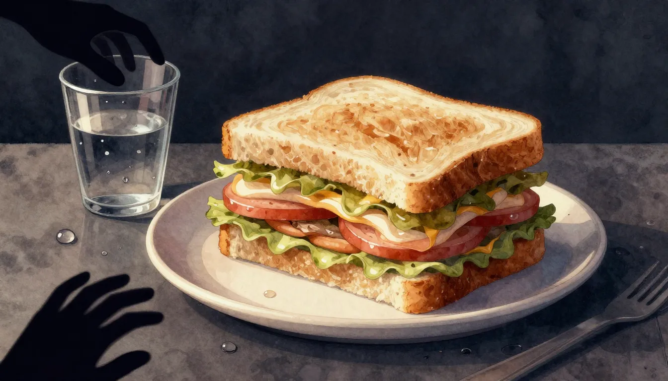 Watercolor style. A giant sandwich on a ceramic plate, water...