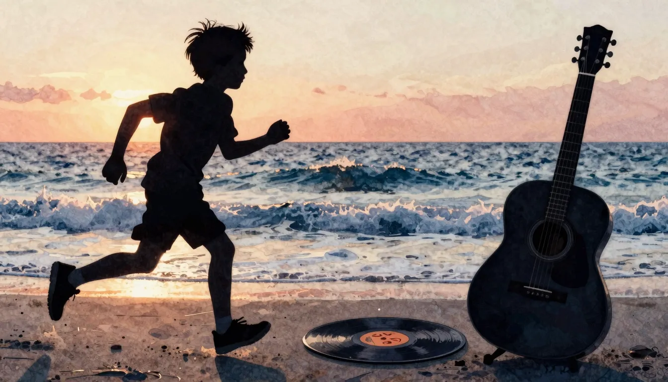 Watercolor style. A silhouette of a boy running near the sea...