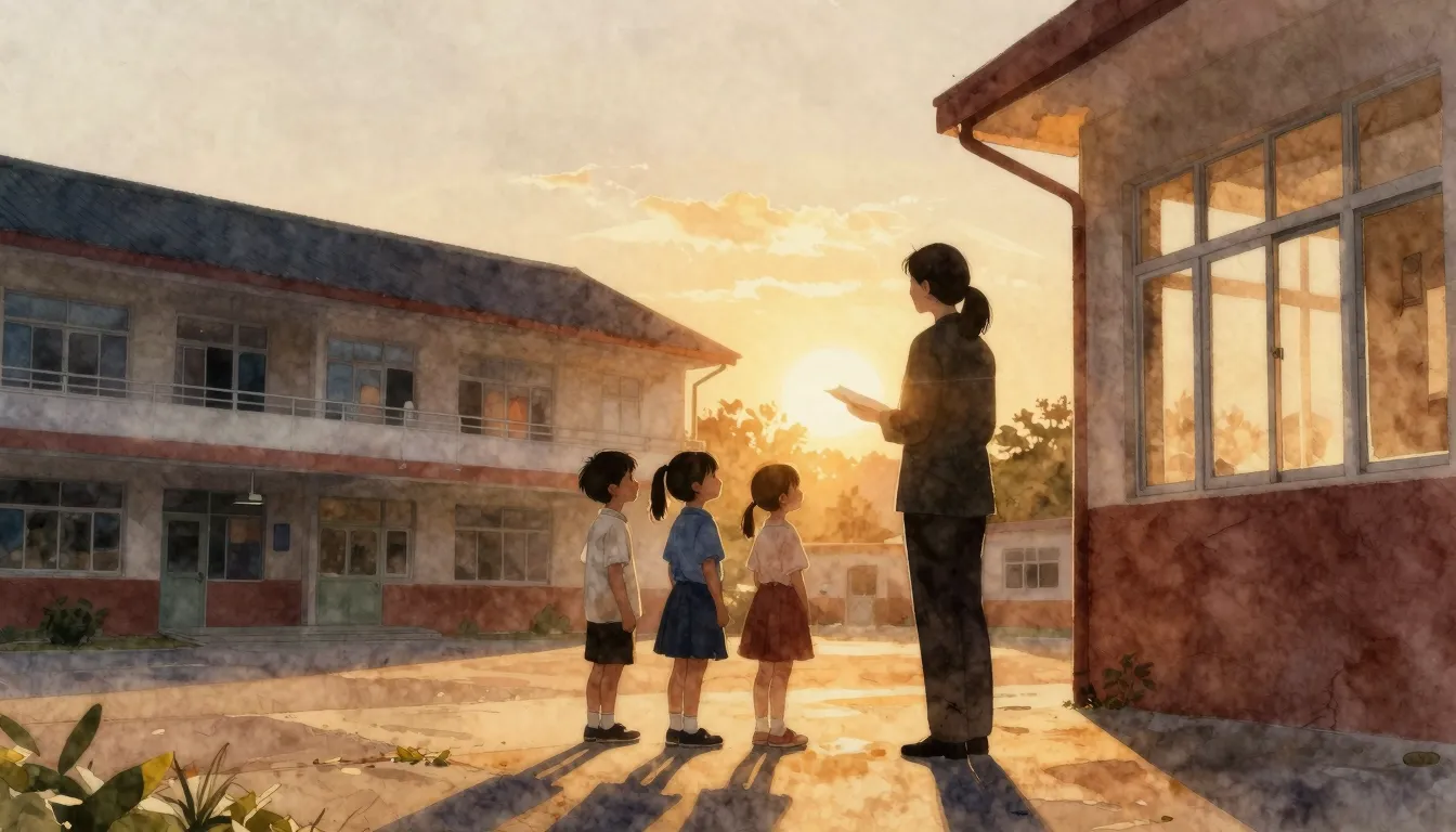 Watercolor style. A silhouette of a teacher and small childr...