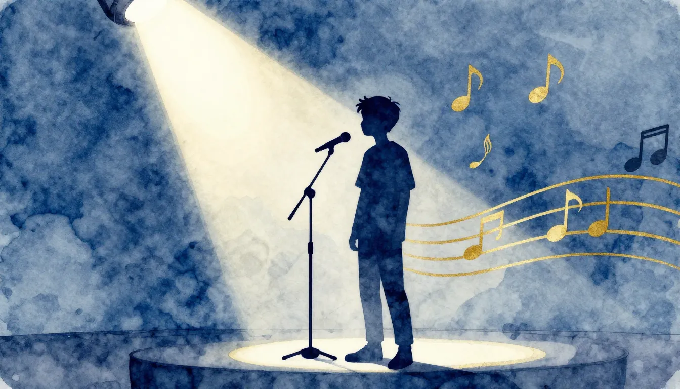 Watercolor style. A silhouette of a teenager standing on a s...