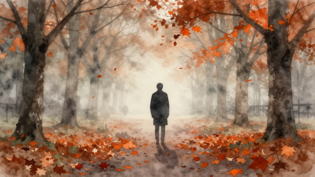 Watercolor style. A lonely silhouette standing in a foggy au...