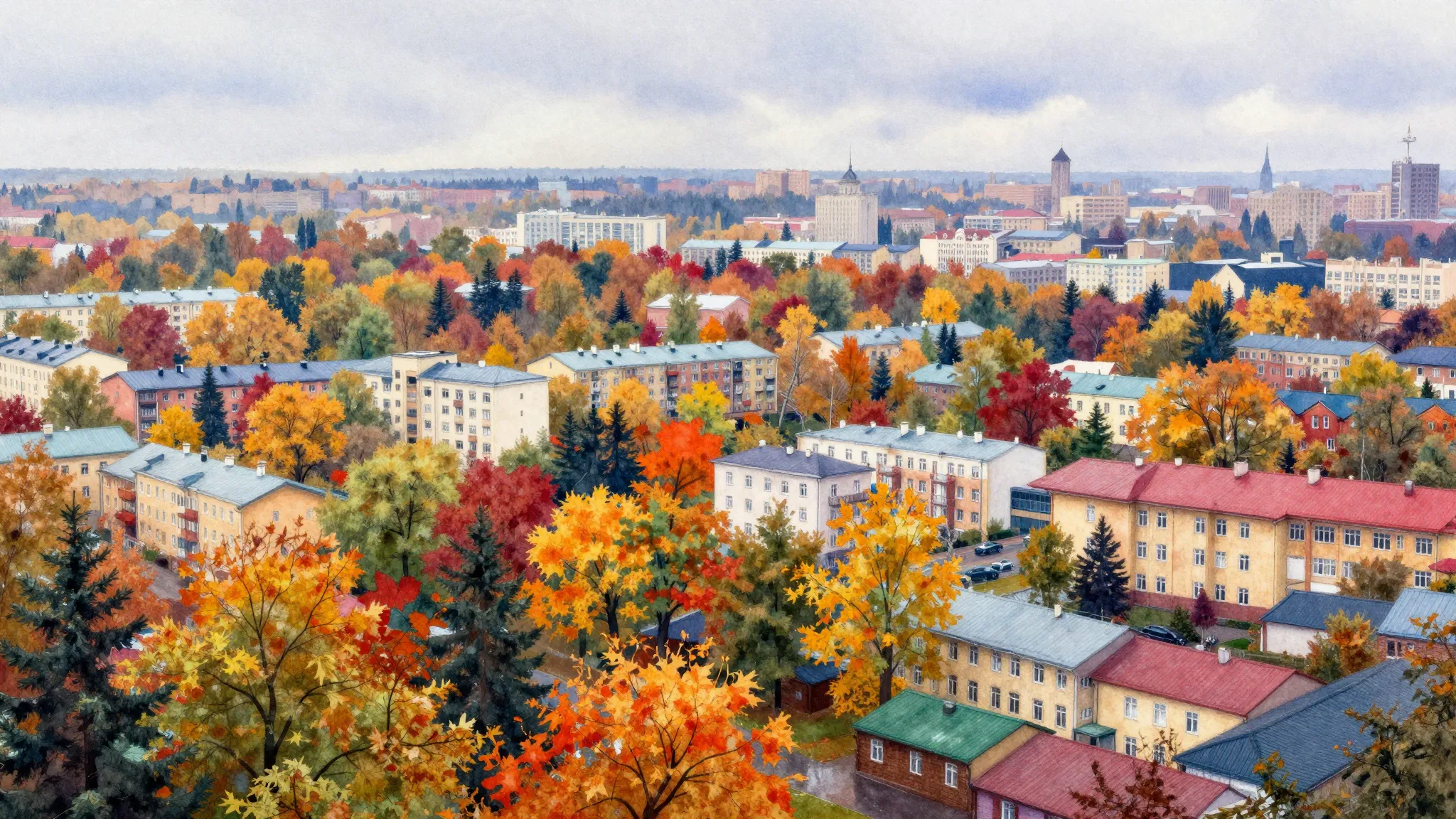 Vibrant watercolor style. Autumn in Barnaul, vibrant fall co...