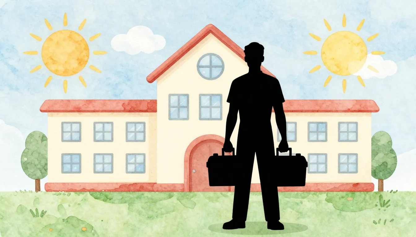 Watercolor style. A silhouette of a handyman with a toolbox ...