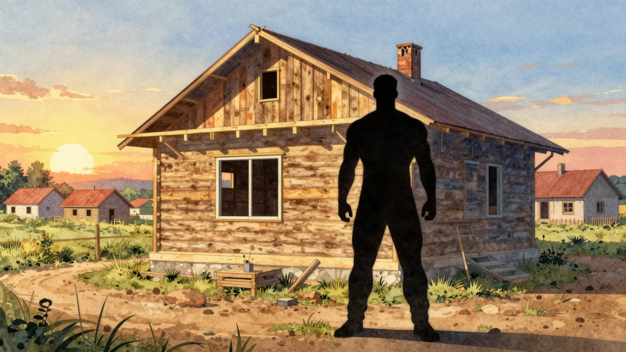 Watercolor style. A silhouette of a strong man standing in f...