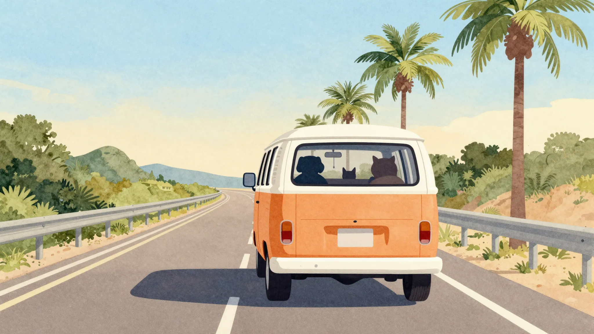 Watercolor style. A cozy stylized van driving on a sunny hig...