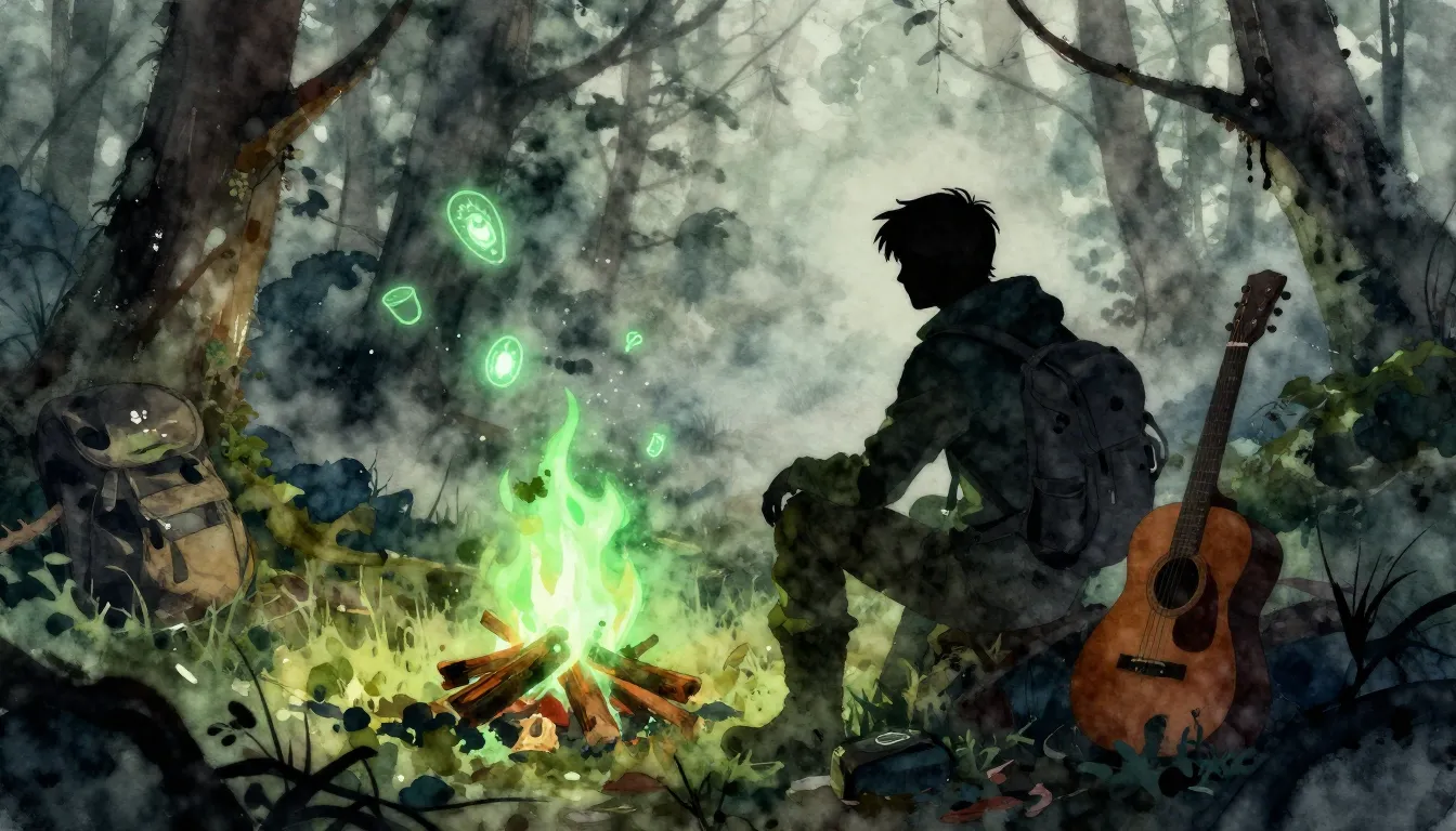 Watercolor style. A silhouette of a traveler sitting by a gl...