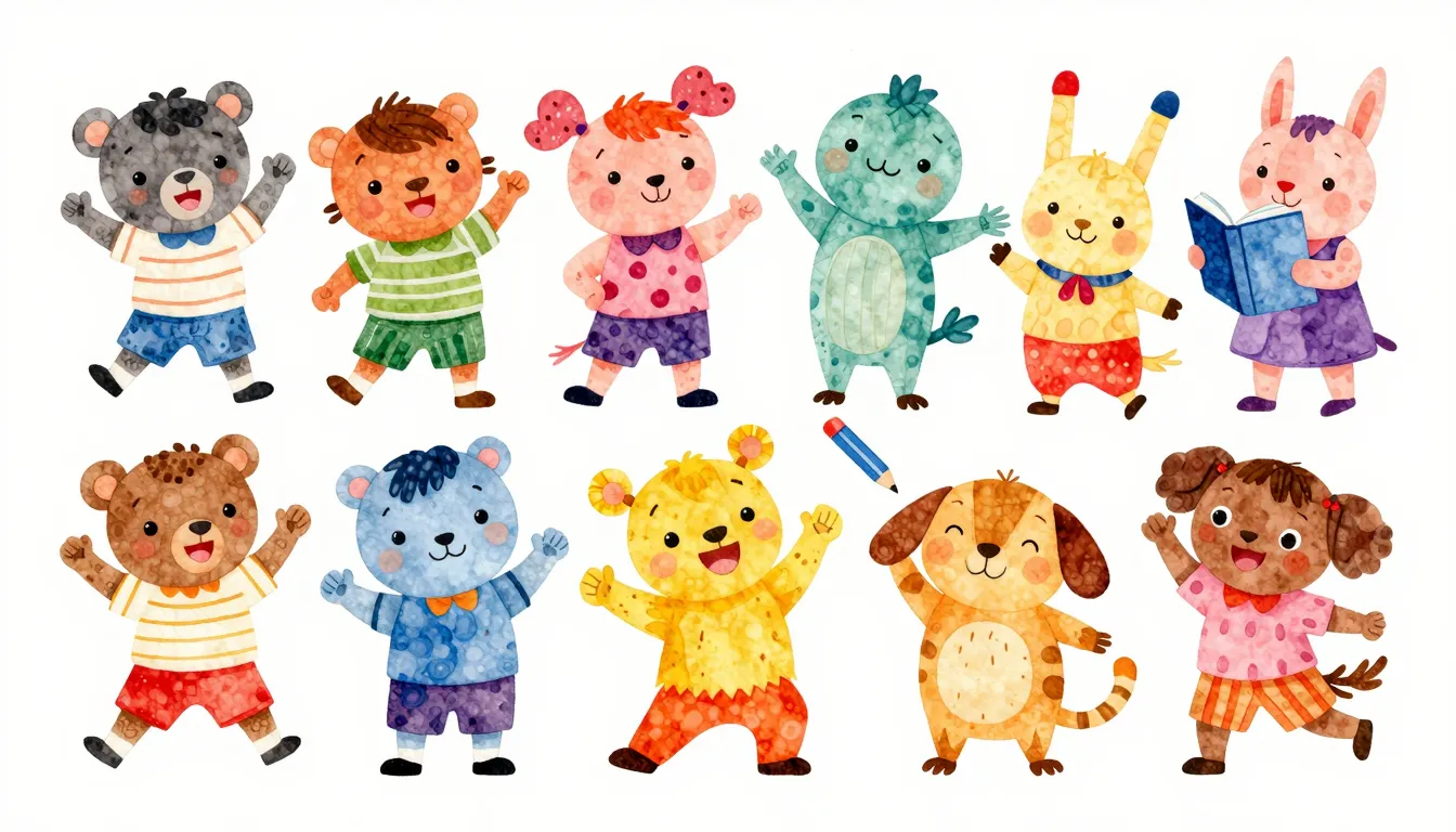 Vibrant watercolor style. Children's song album cover, playf...