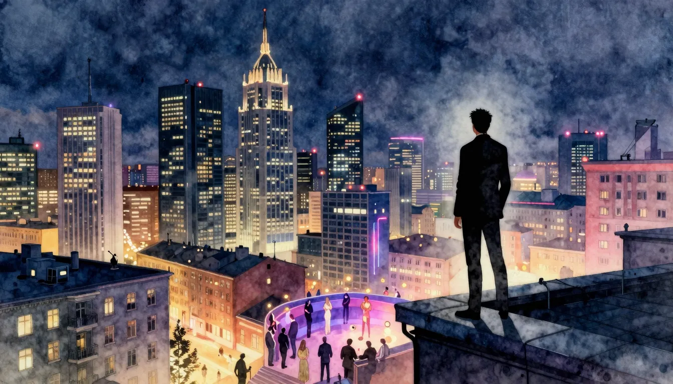 Watercolor style. A modern Moscow skyline at night, a silhou...