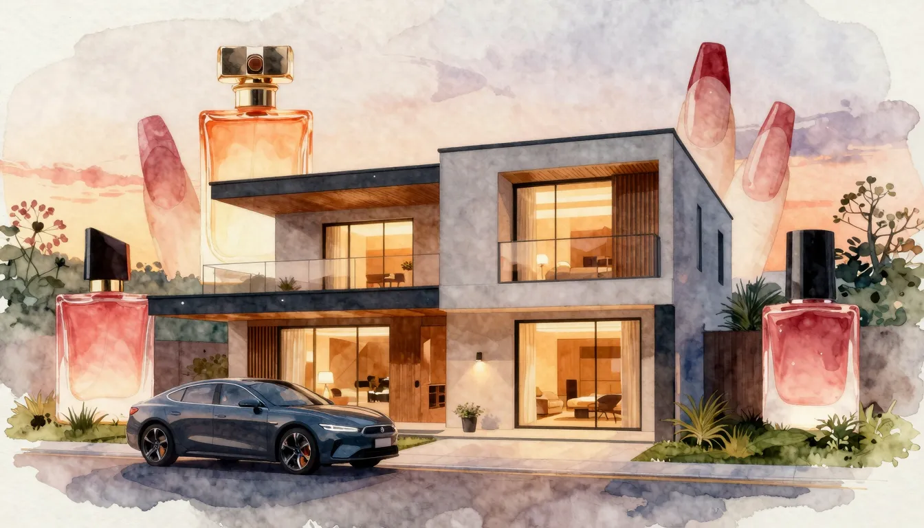 Watercolor style. A stylish modern house with a sleek car pa...