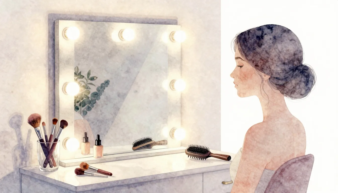Watercolor style. Aesthetic beauty studio interior, vanity m...