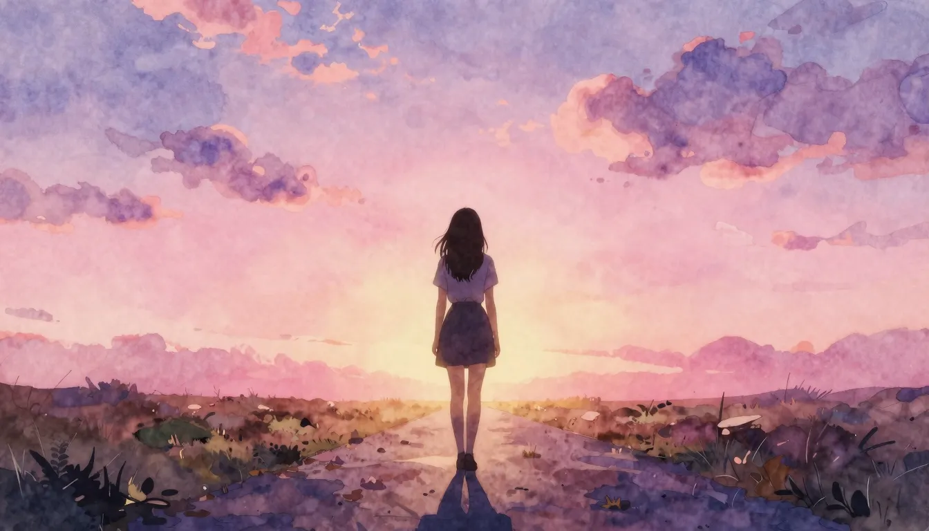 Watercolor style. Silhouette of a young woman standing on a ...