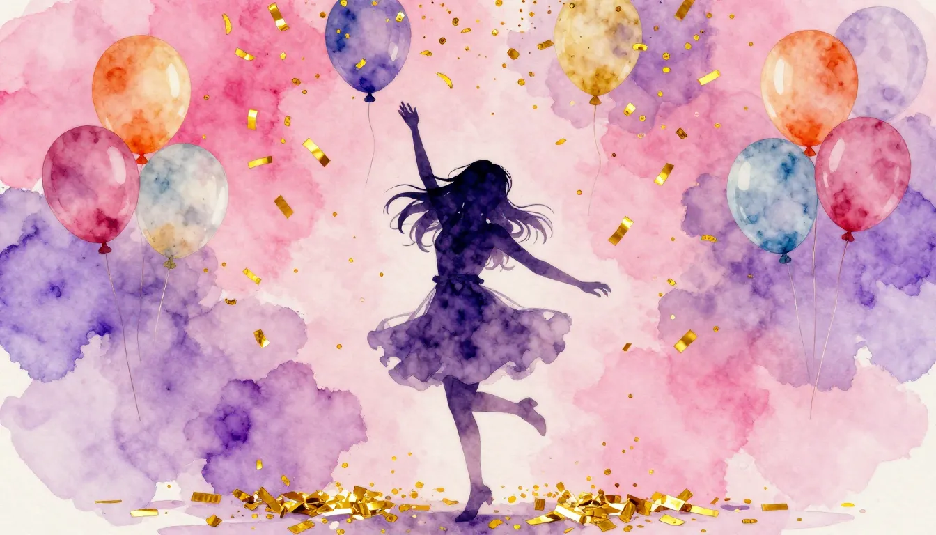 Watercolor style. A silhouette of a girl dancing under a sho...