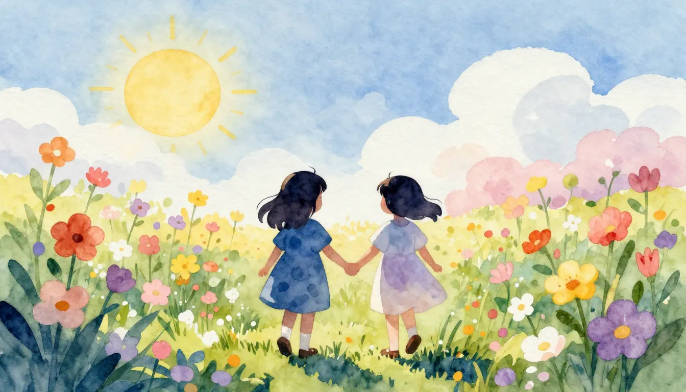 Watercolor style. Two small silhouettes of girls holding han...