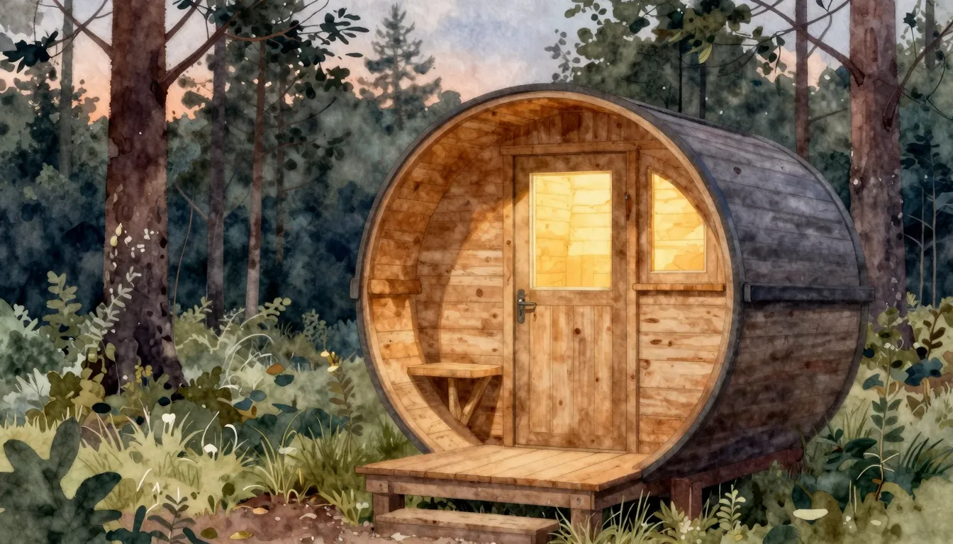 Watercolor style. A charming, round wooden sauna with a smal...