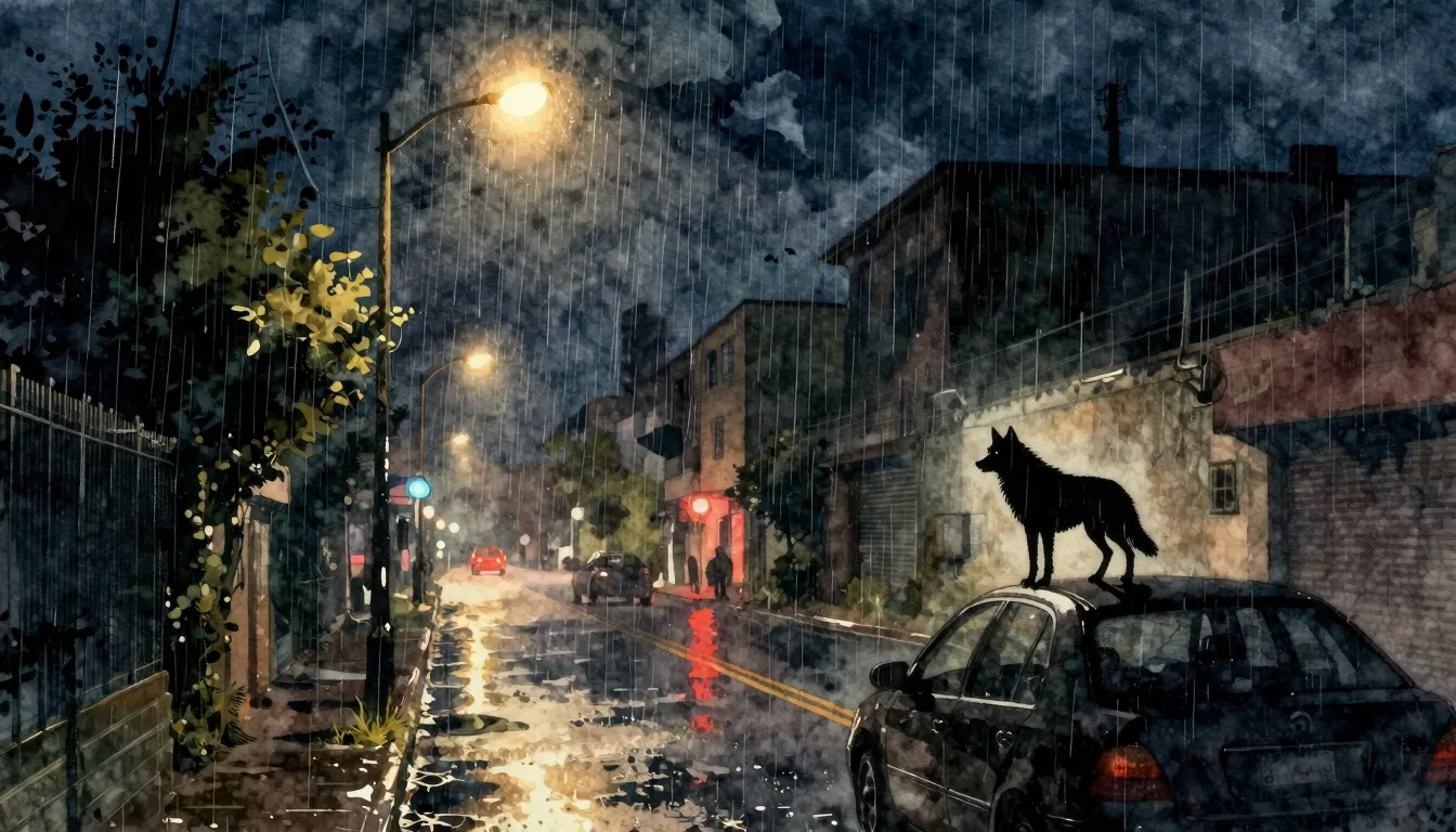 Watercolor style. Dark city street at night, glowing streetl...