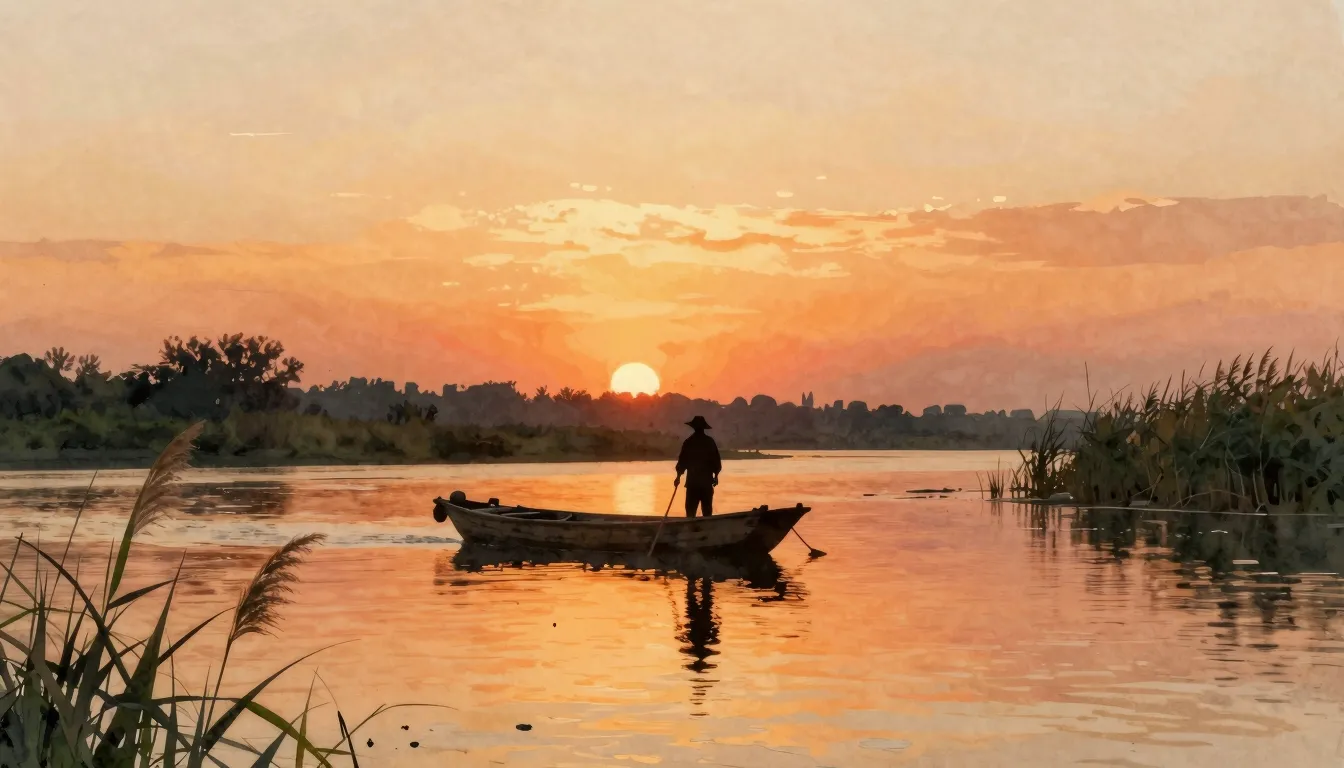 Watercolor style. Silhouette of a fisherman in a small woode...