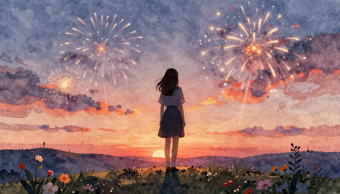 Watercolor style. A silhouette of a young woman standing on ...