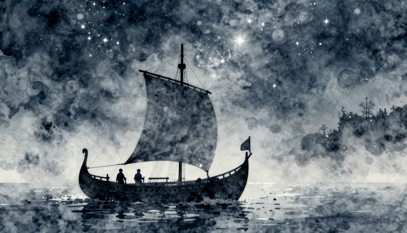 Watercolor style. A silhouette of a longship sailing on a mi...