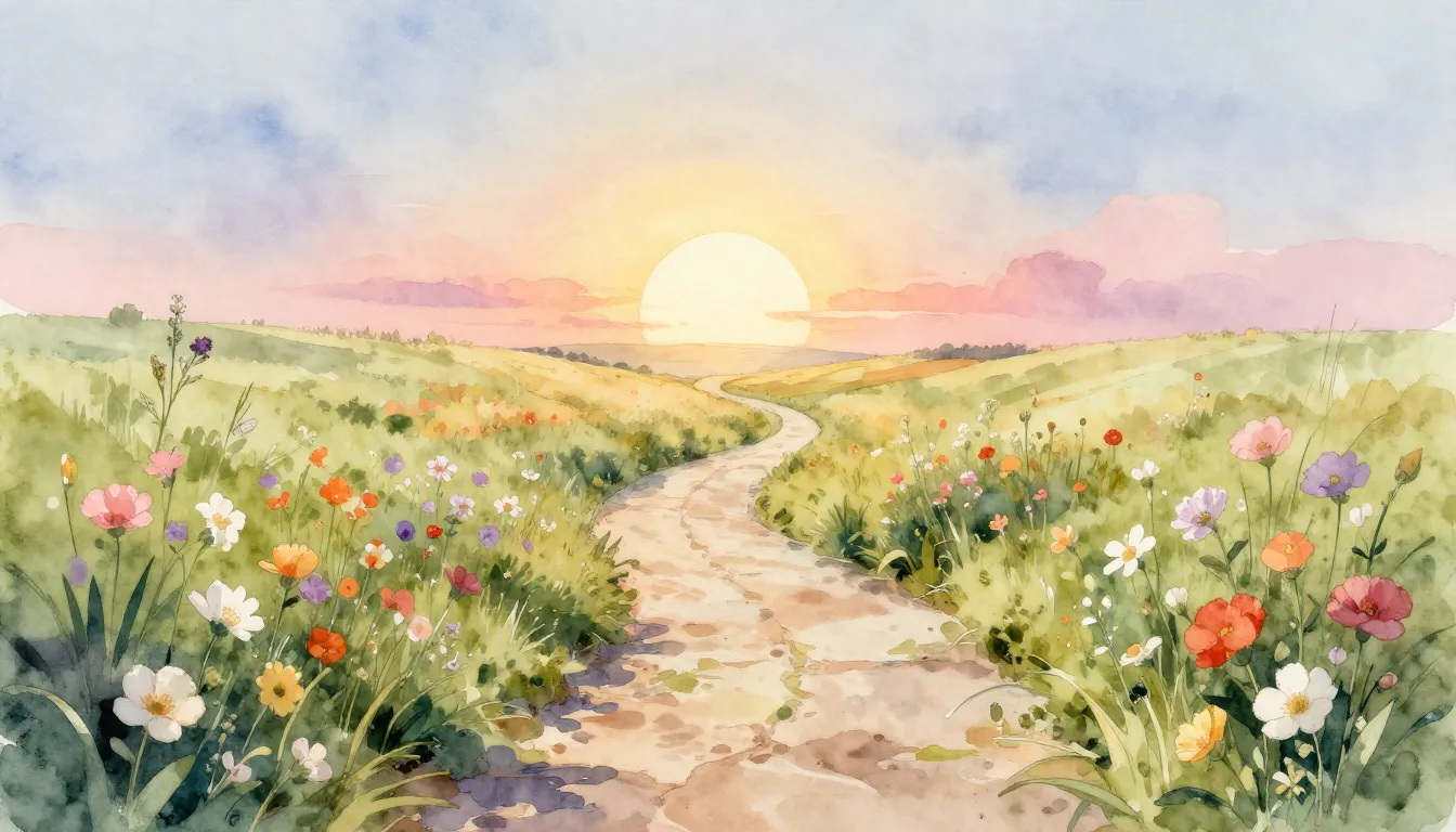 Watercolor style. A winding path leading through a field of ...