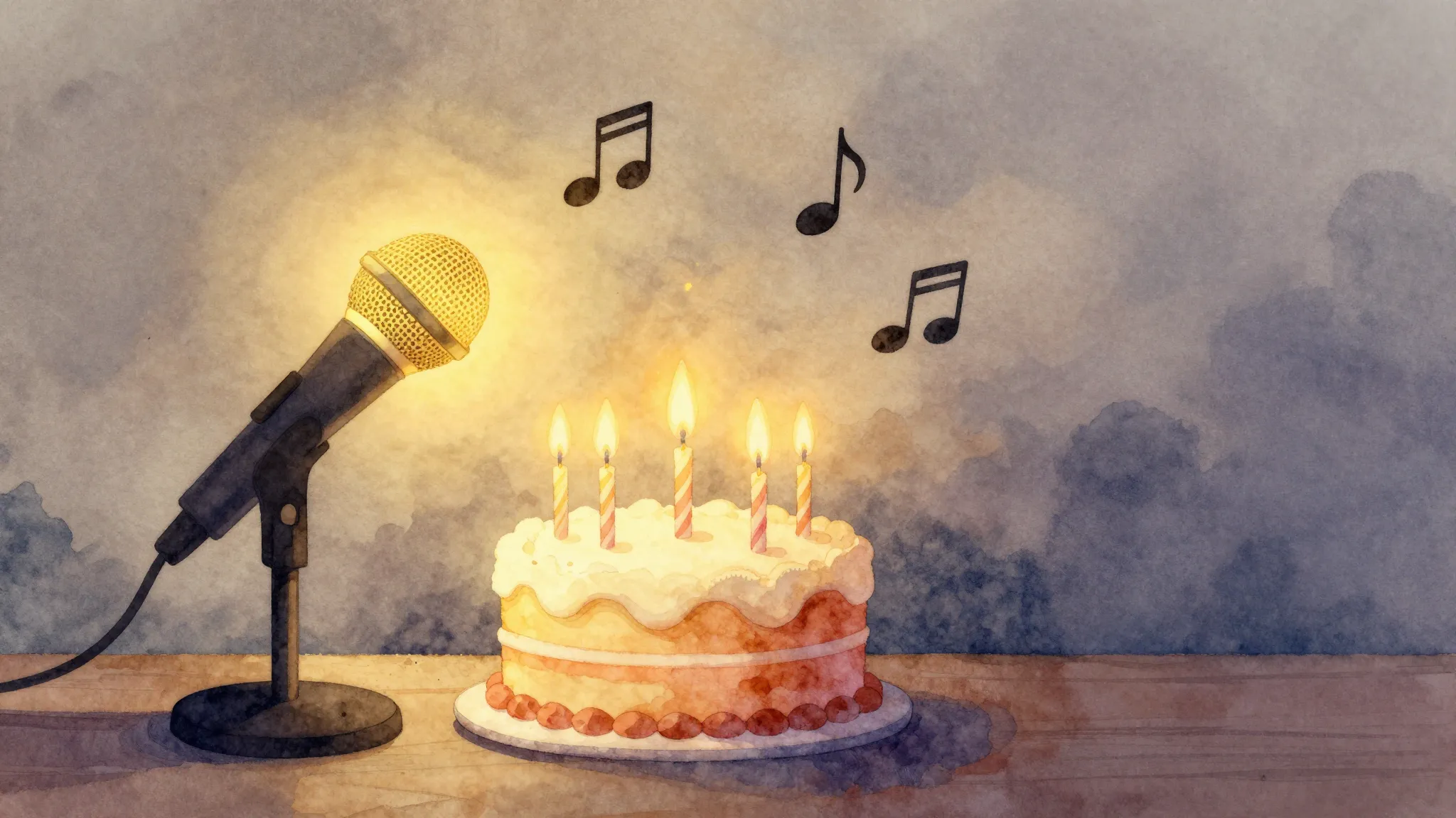 Watercolor style. A warm and cozy birthday celebration scene...