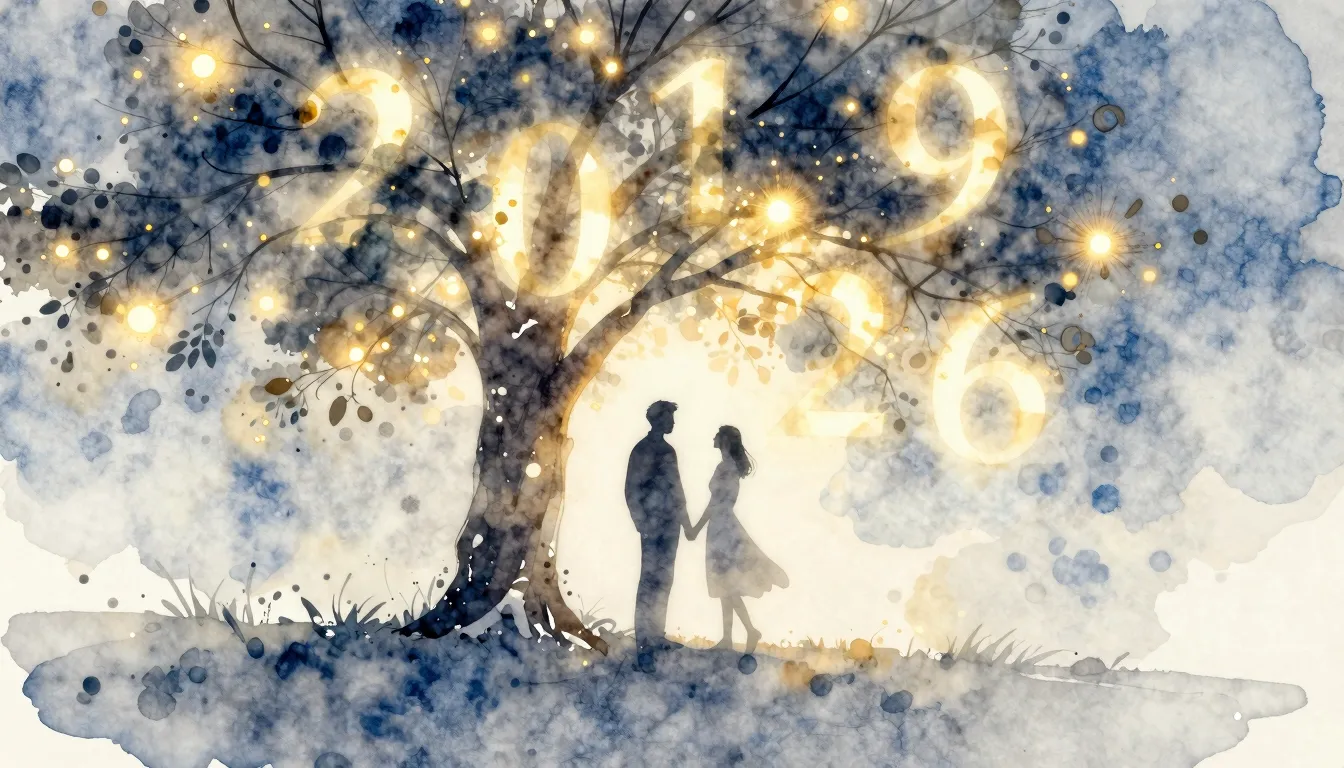 Watercolor style. Silhouettes of a couple standing under a g...
