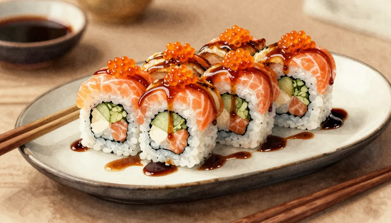 Watercolor style. A beautiful plate of sushi rolls with salm...