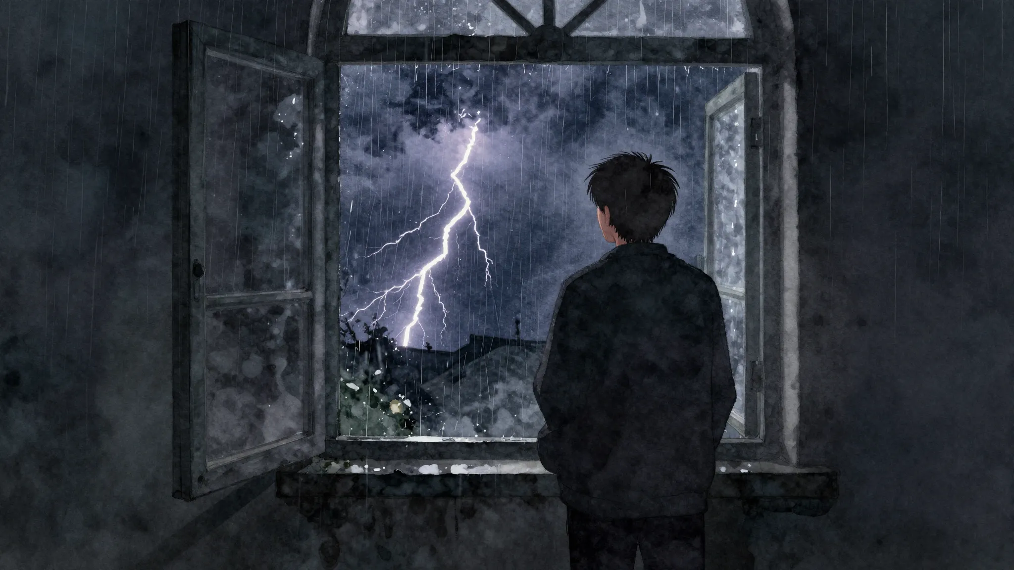 Watercolor style. A dark rainy night with a silhouette of a ...