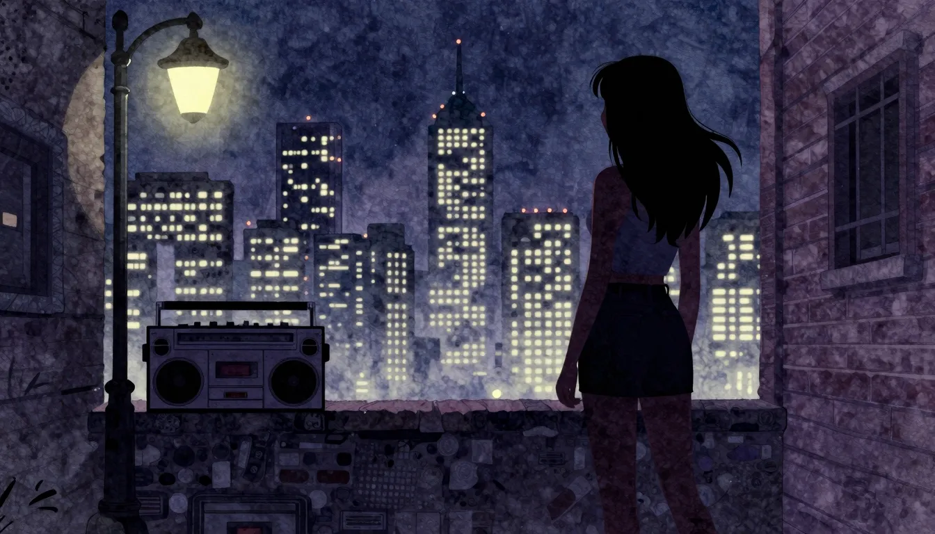 Watercolor style. Silhouette of a girl looking at a glowing ...