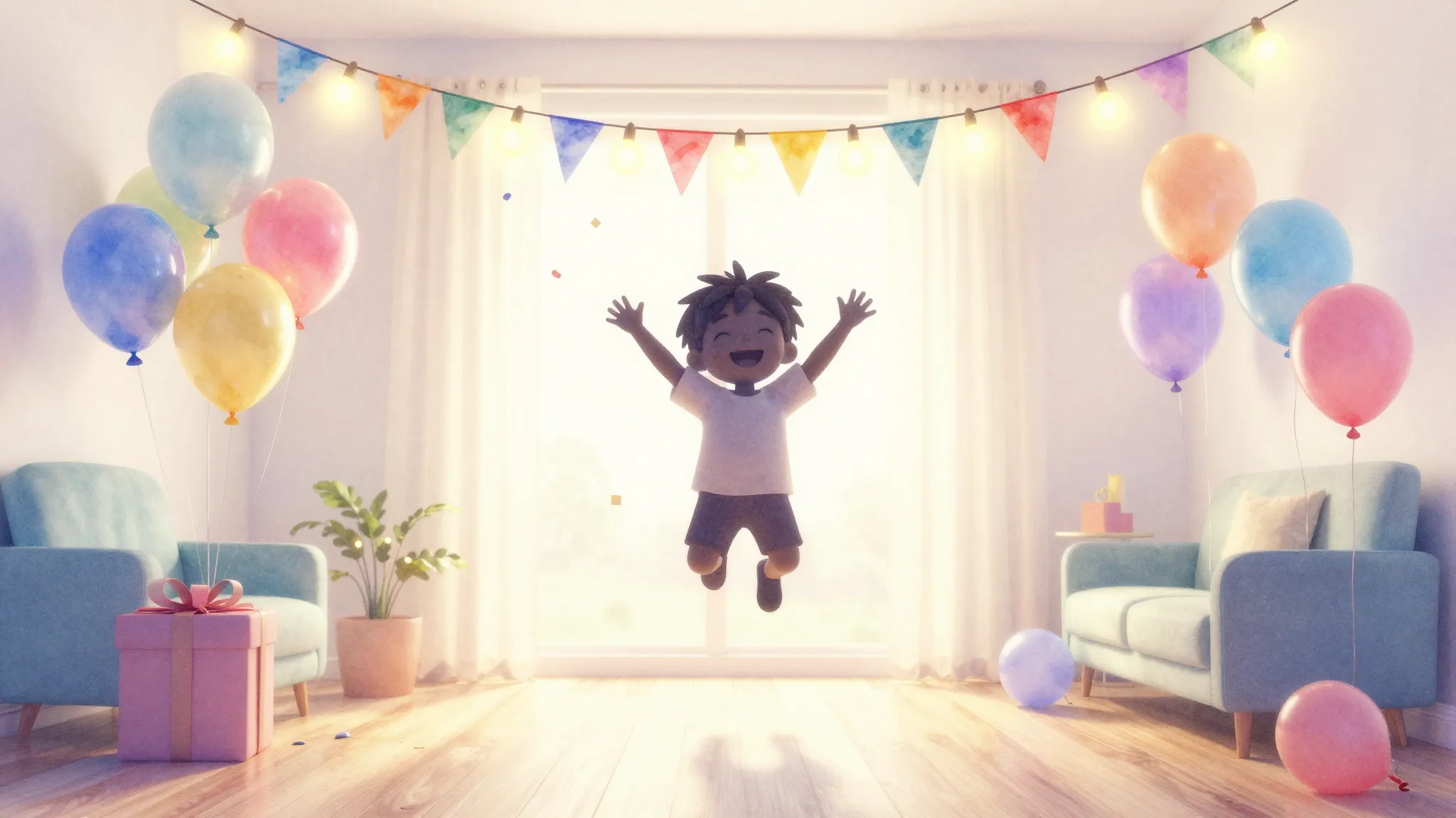 Watercolor style. A bright festive room with balloons and co...