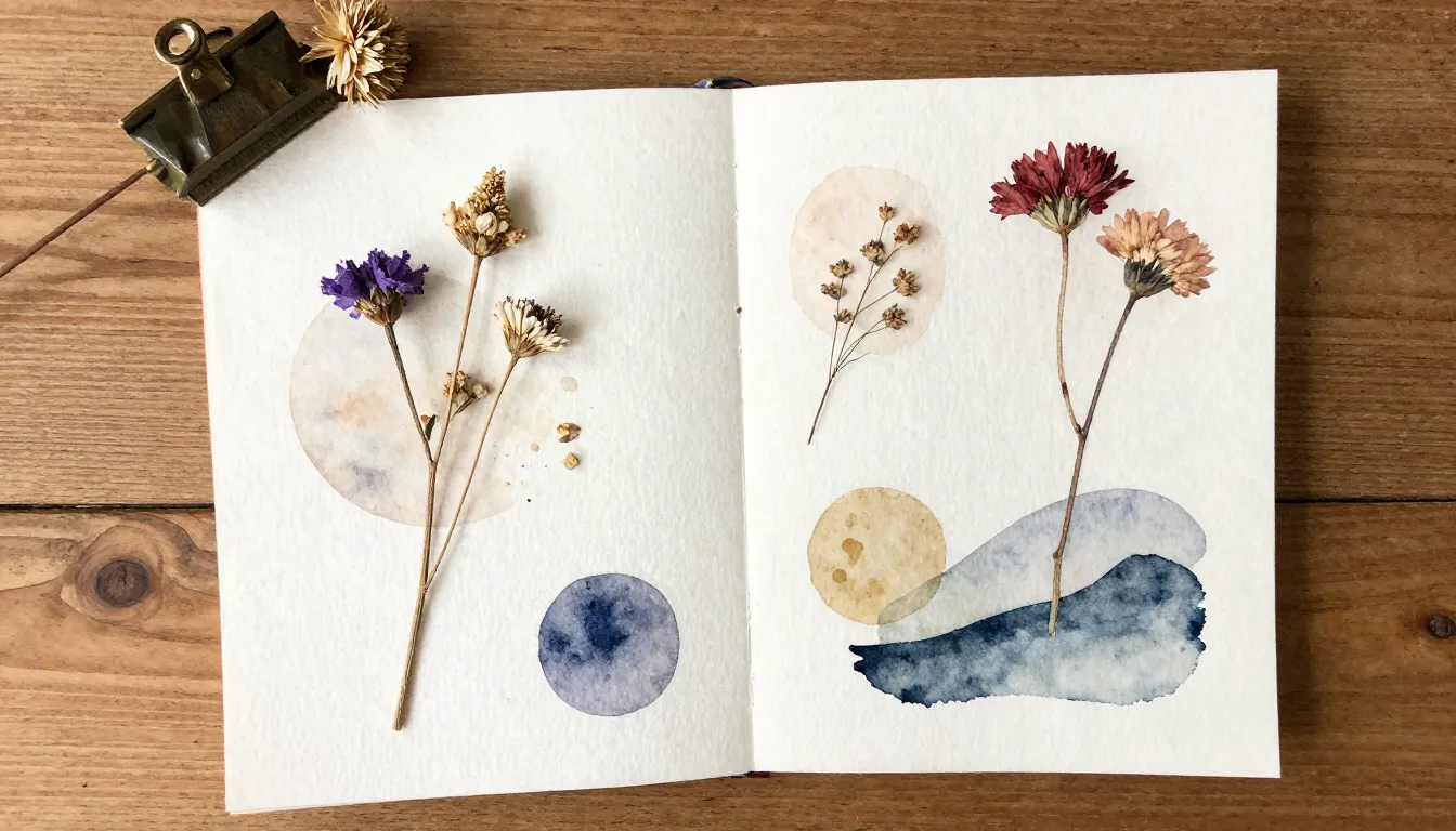 Watercolor style. An artistic mood board on a wooden table, ...