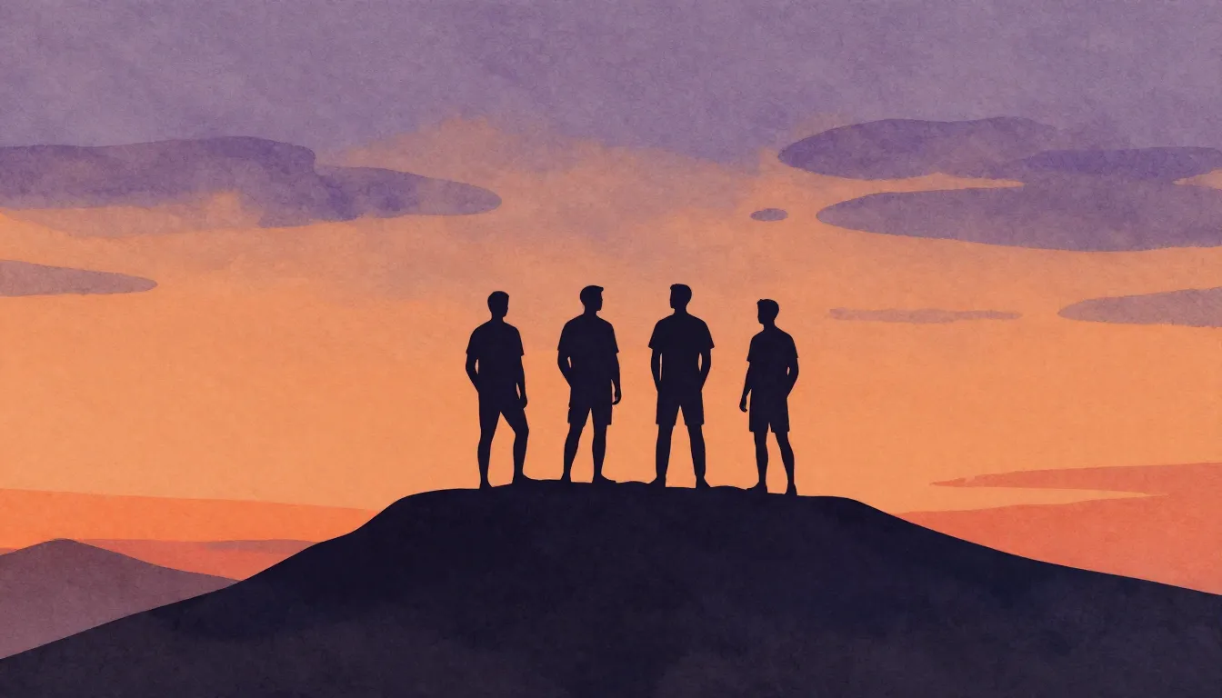 Watercolor style. Four male silhouettes standing on a mounta...