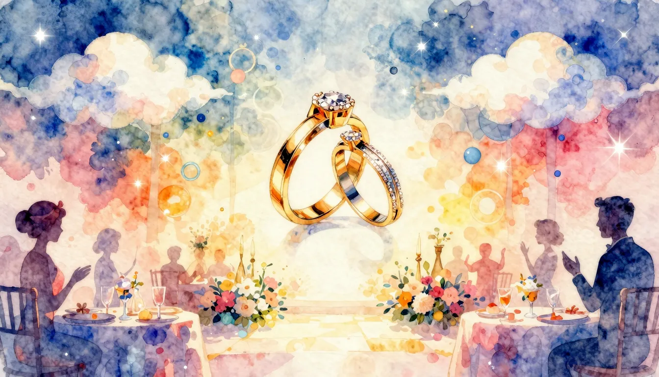Vibrant watercolor style. Wedding celebration, rings, flying...