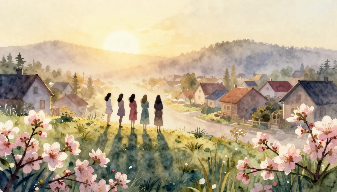 Watercolor style. A cozy village landscape at sunrise, silho...