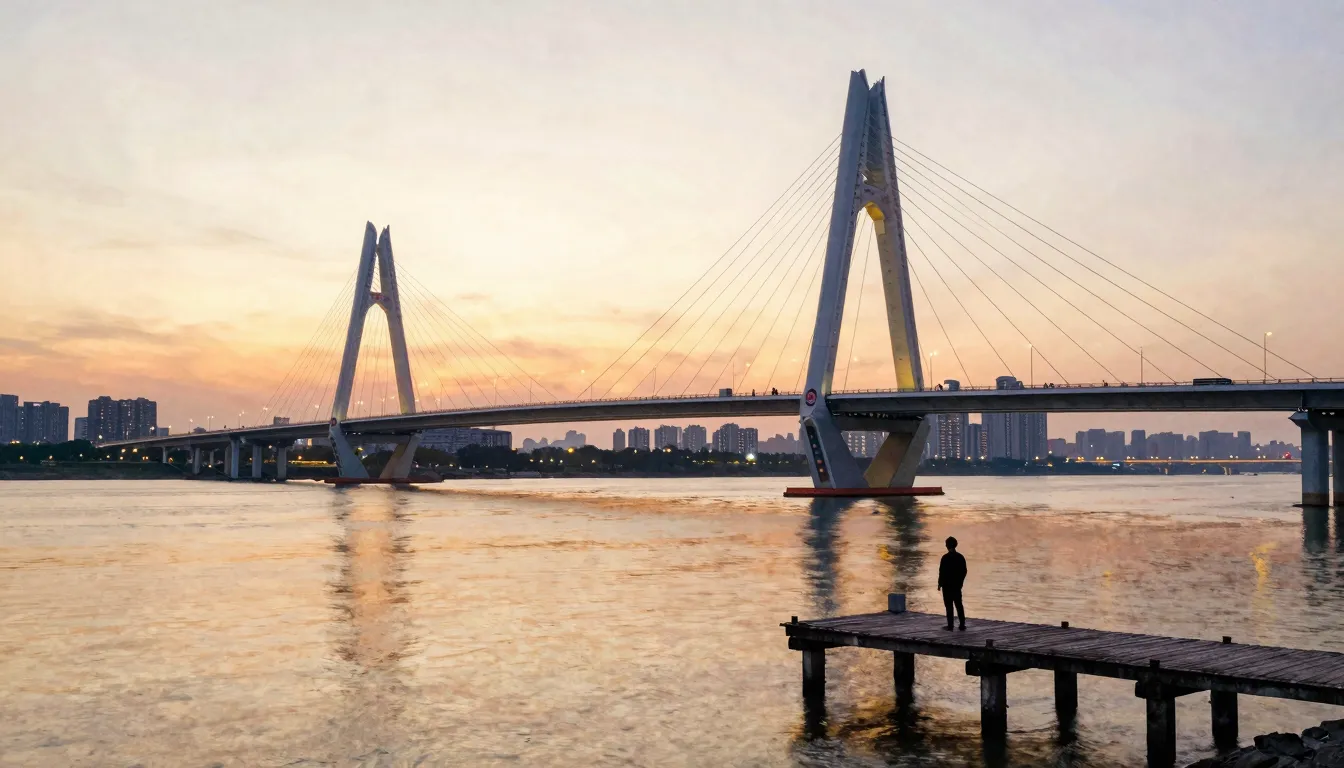 Watercolor style. Modern futuristic bridge over a wide river...