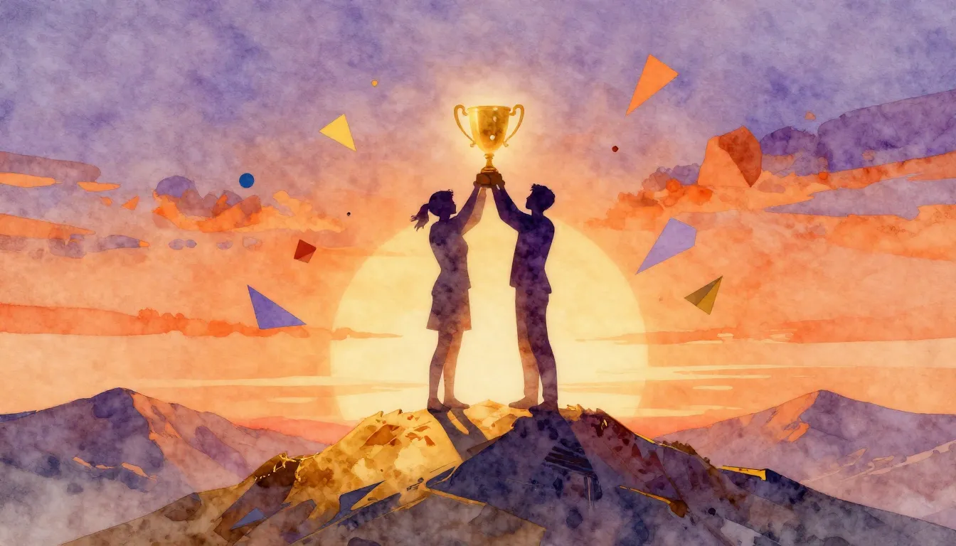 Watercolor style. Two silhouettes standing on a golden mount...